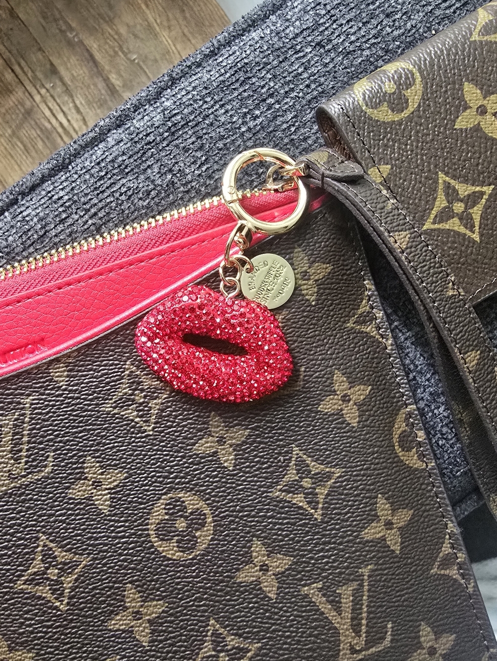 Signture To go Monogram Canvas  Clutch in Red Trim/wallet & Crystal Charm Bundle - Picture 2 of 12